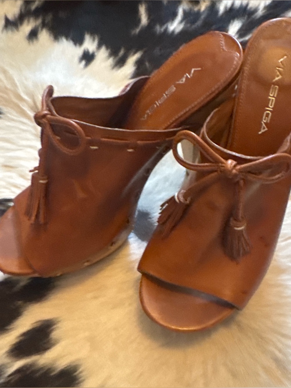 Via Spiga Tan Leather Tassel Mule Heels